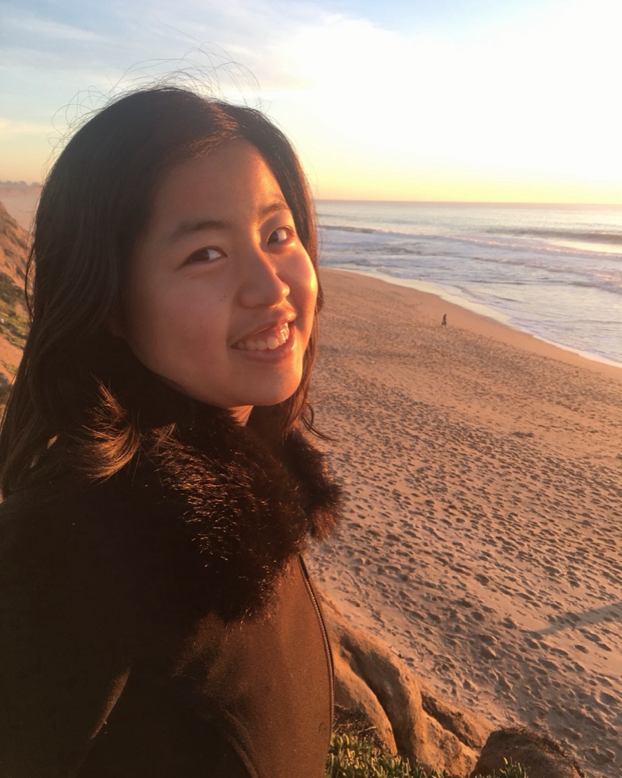 Ivy smiling on a beach cliff at sunset