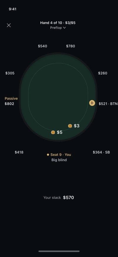 Seat Nine: a hand is dealt on the table, the player folds on the river, and the review says good fold